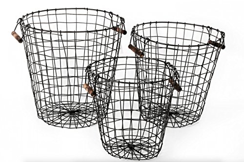 Set of 3 Round Black Retro Wire Storage Baskets With Pine Handles