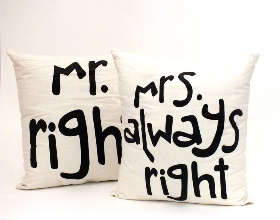 MR RIGHT & MRS ALWAYS RIGHT Design – Set of NATURAL/BLACK Contemporary/Modern/Fun Wedding, Engagement, 2nd Wedding Anniversary Cushions – Include inserts – 45cm