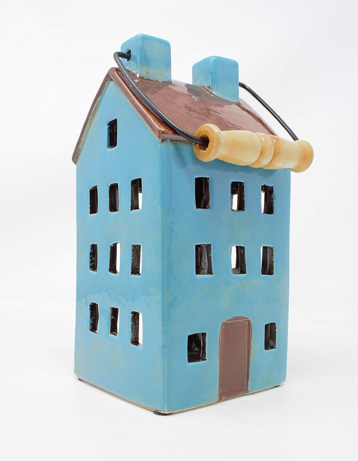 Ceramic Turquoise and Brown Village Cottage House Home Pottery Candle Tea light Candle Holder Ornament