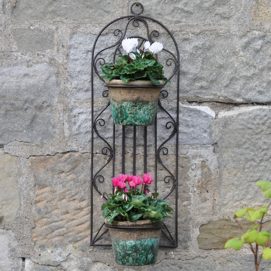 Wall Mounted Gothic Double Plant Pot Holder | Black Metal Planter Outdoors