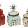 Set of 3 Nautical Ceramic Storage Canisters in Red, White and Blue Food Safe