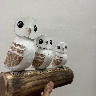 Fair Trade Hand Carved Made Wooden Owl Family On Log