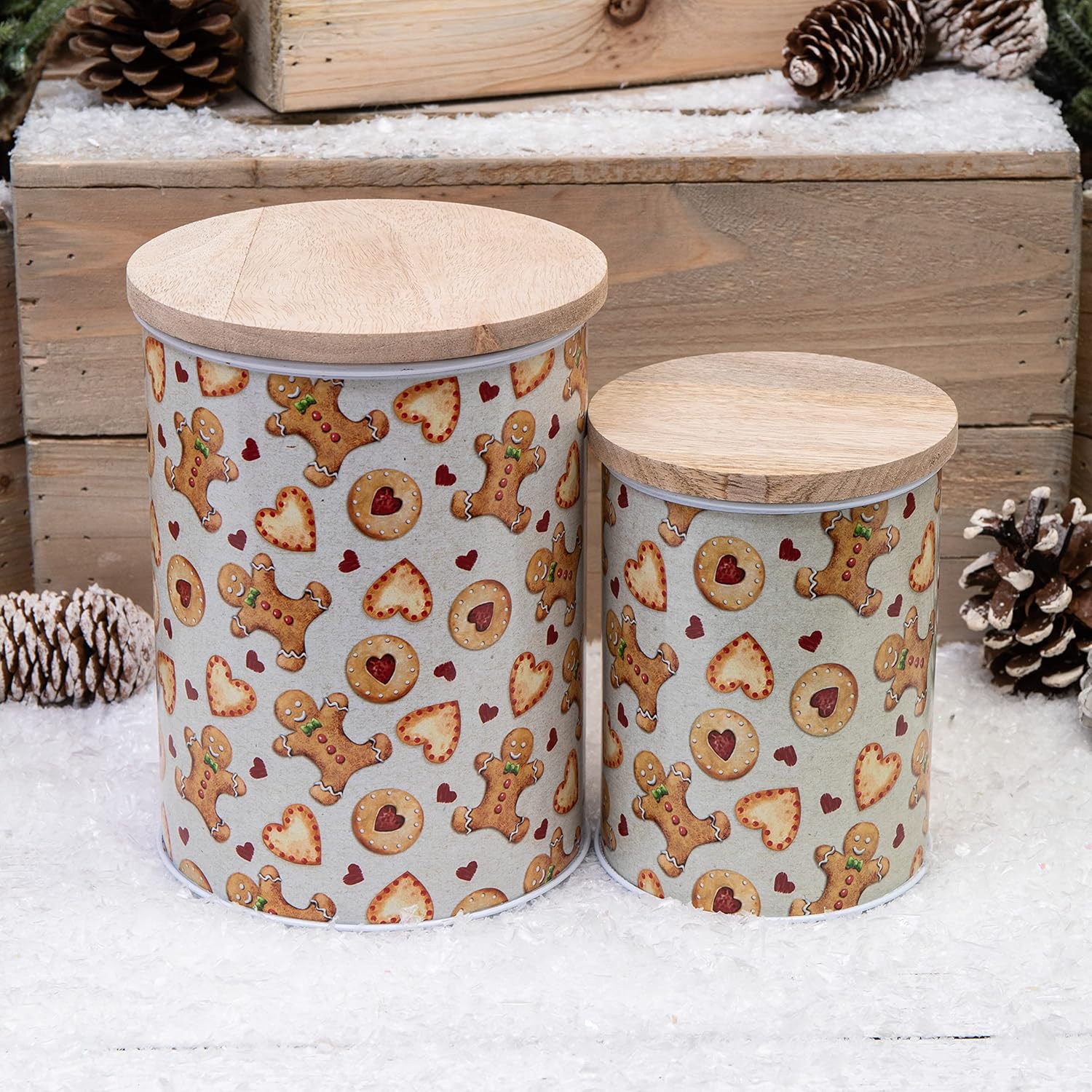 Set of 2 Gingerbread Man Storage Biscuit Cookie Christmas Tins with Wooden Lids