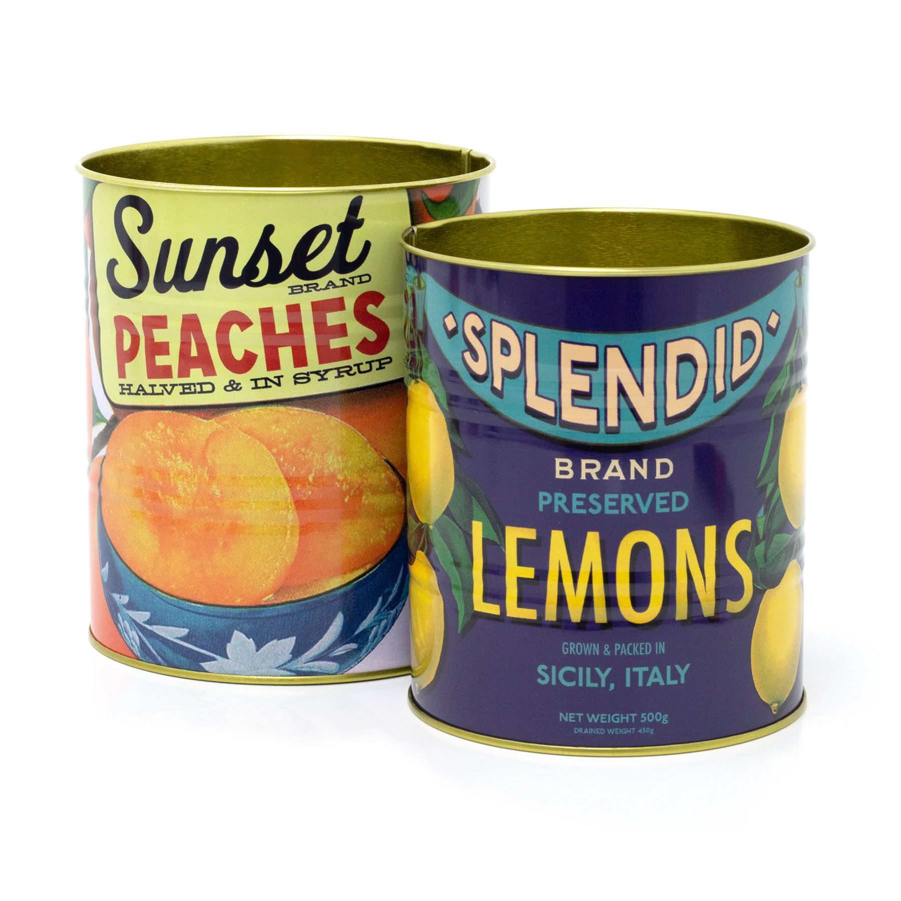 Set of 2 Retro Style Vintage Fruit Storage Tins – Lemon & Peach