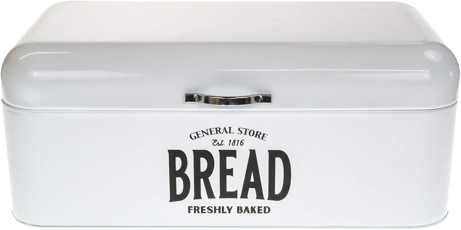 Retro General Store White Metal Bread Storage Bin with Hinged Lid