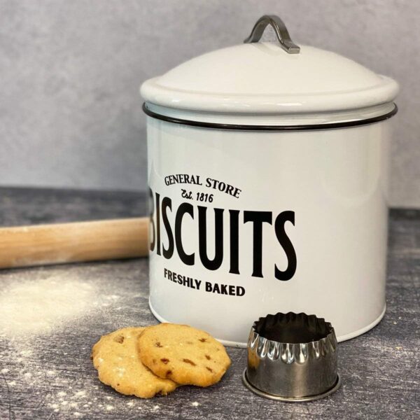 General Store Retro White Metal Airtight Biscuit Cookie Storage Tin Box Canister - Image 2