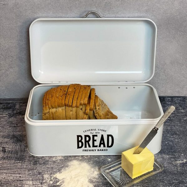 Retro General Store White Metal Bread Storage Bin with Hinged Lid - Image 2