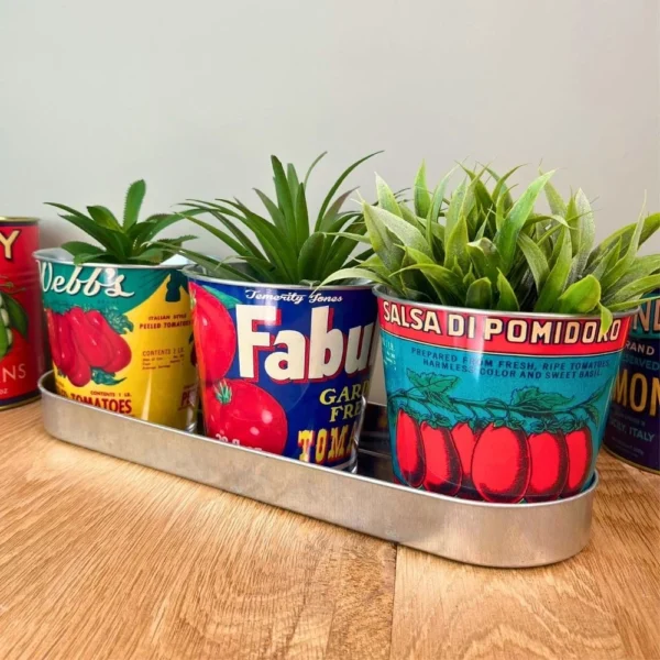 Set of 3 Vintage-Style Tomato Tin Planters with Tray - Image 2
