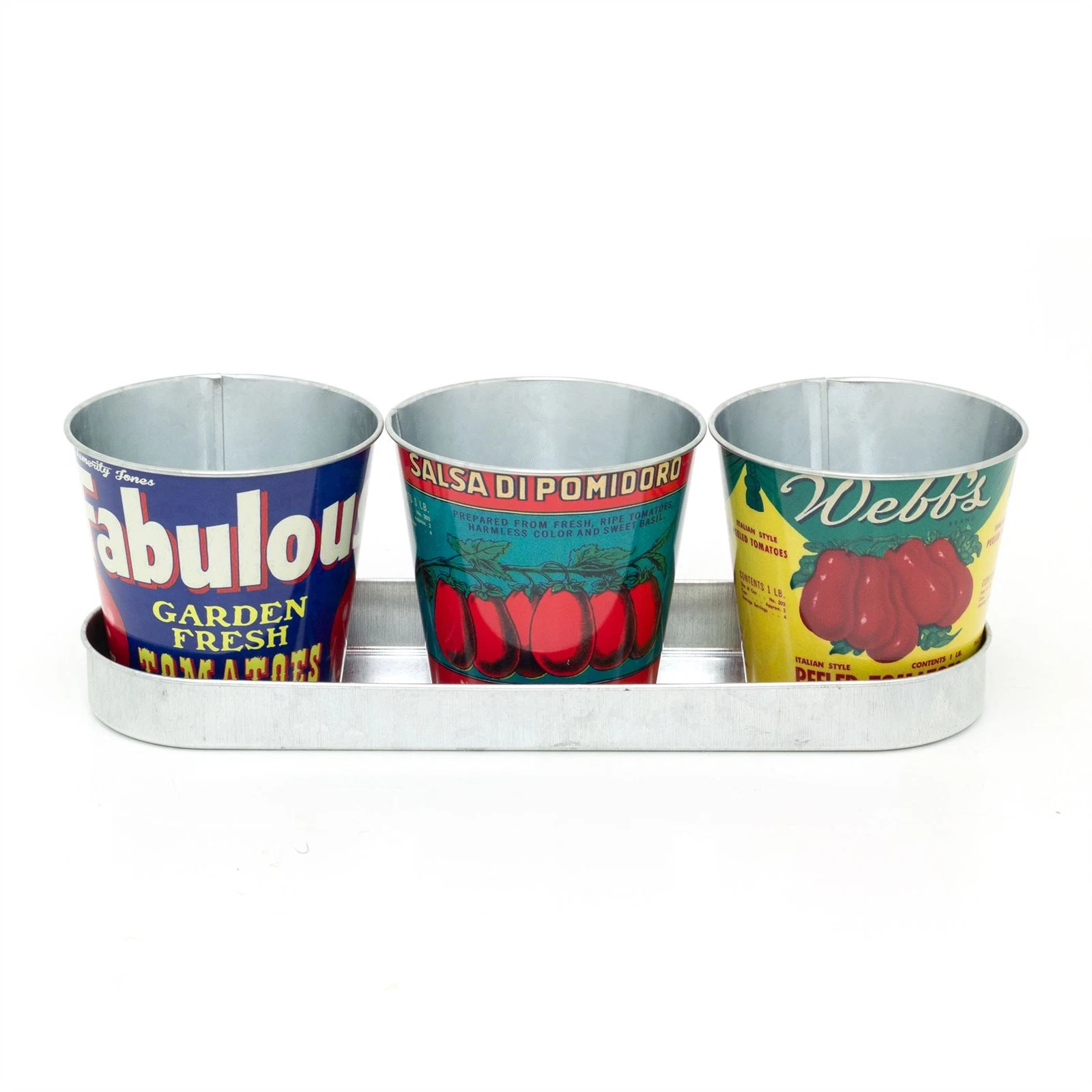 Set of 3 Vintage-Style Tomato Tin Planters with Tray