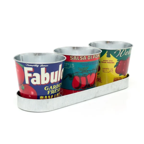 Set of 3 Vintage-Style Tomato Tin Planters with Tray - Image 3