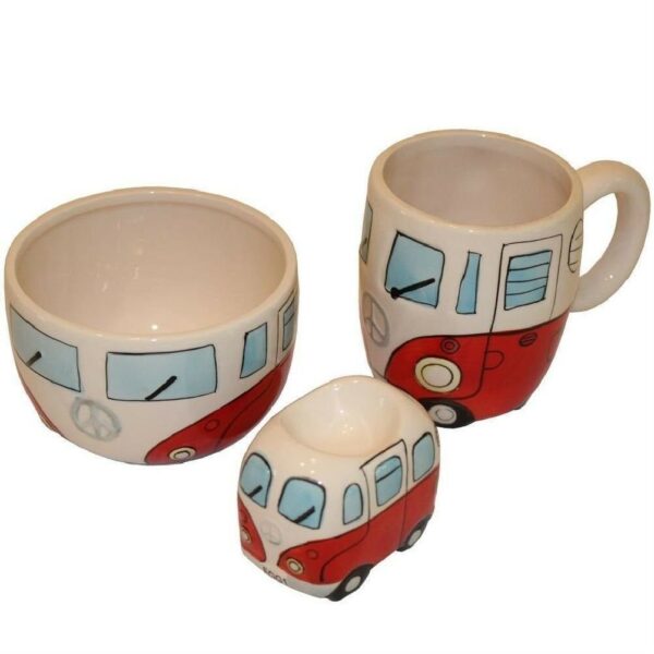 Retro Campervan Breakfast Set - Bowl Egg Cup & Mug - Red