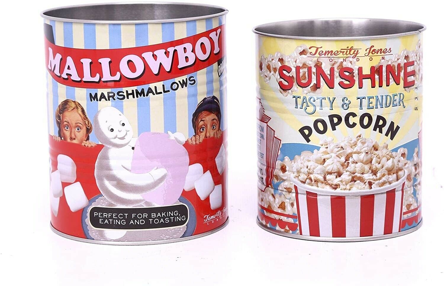 Temerity Jones Vintage Style Set 2 Marshmallow Popcorn Utensil Storage Tin Cans
