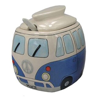 Ceramic Camper Sugar Dispenser Split Screen Camper  Sugar Bowl with Lid Spoon Blue Color