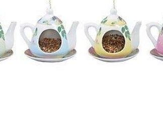 Chintz Ceramic Teapot Wild Bird Feeder with Hanging Chain. Gift Boxed